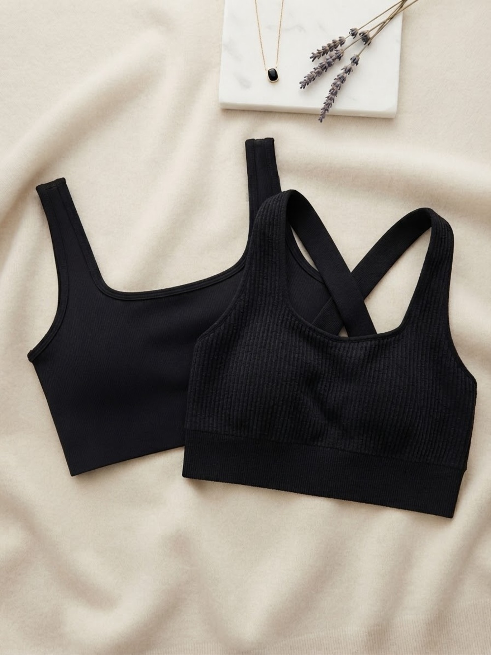 JoyLab Black Ribbed and Smooth Bralette Set